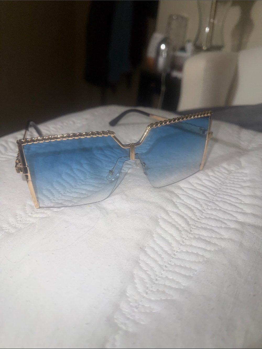 Gold Frame Blue Gradient Rimless Shield Sunglasses